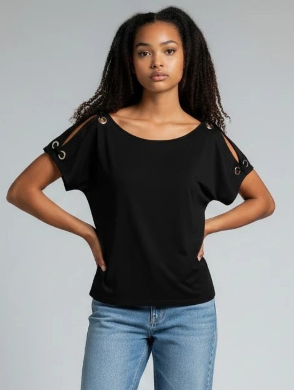 Cable & Gauge Black Cold Shoulder Top Silver Grommets